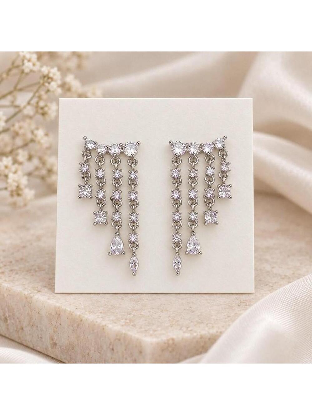 Silver Cascading Sparkling Drop Earrings | Statement Jewelry